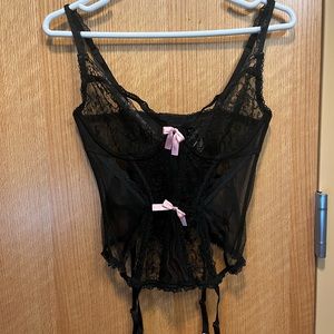 Victoria's Secret Bustier 36D Garter Corset strappy black lace pink satin